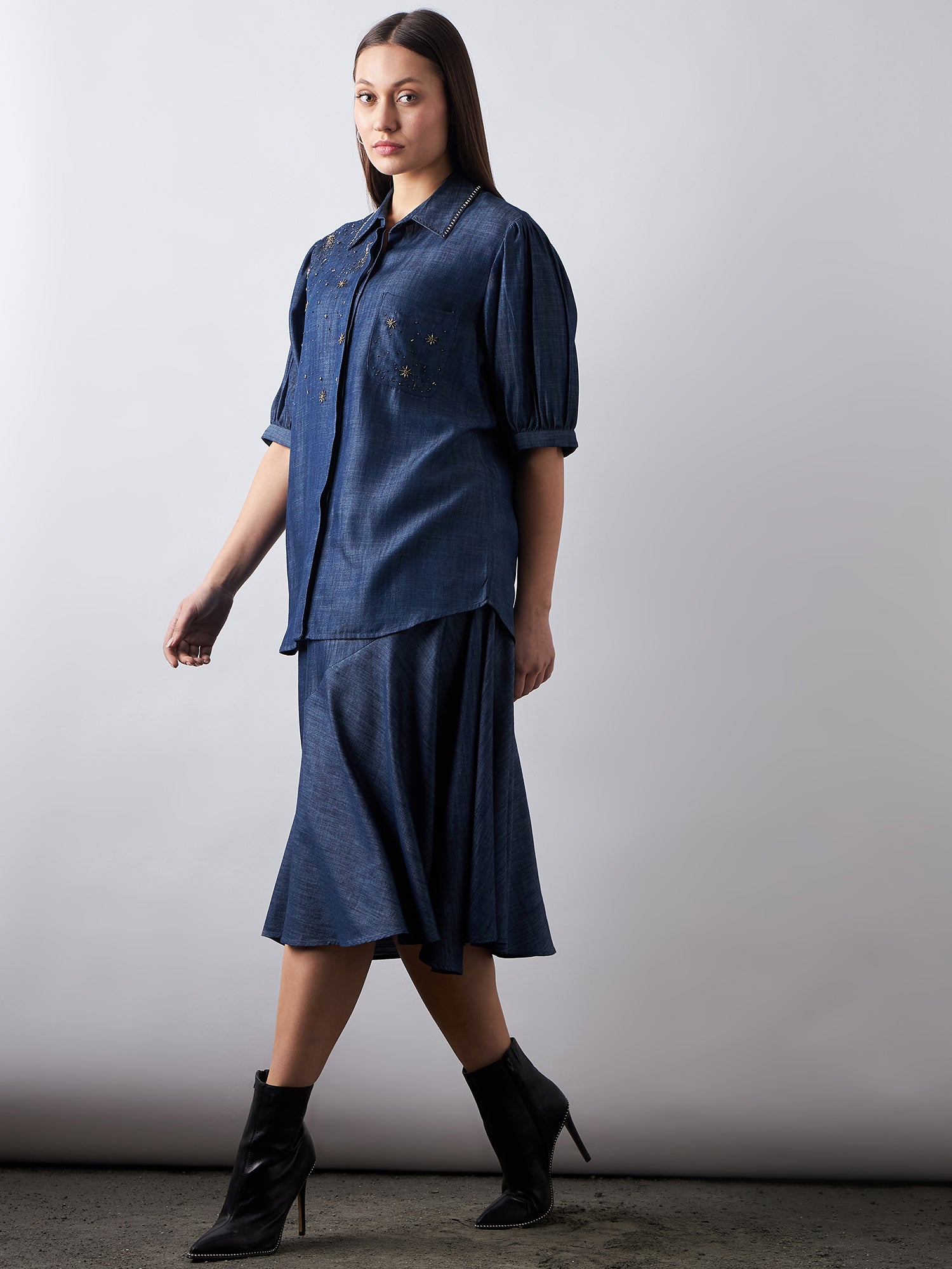 Dark Blue Denim Shirt & Skirt