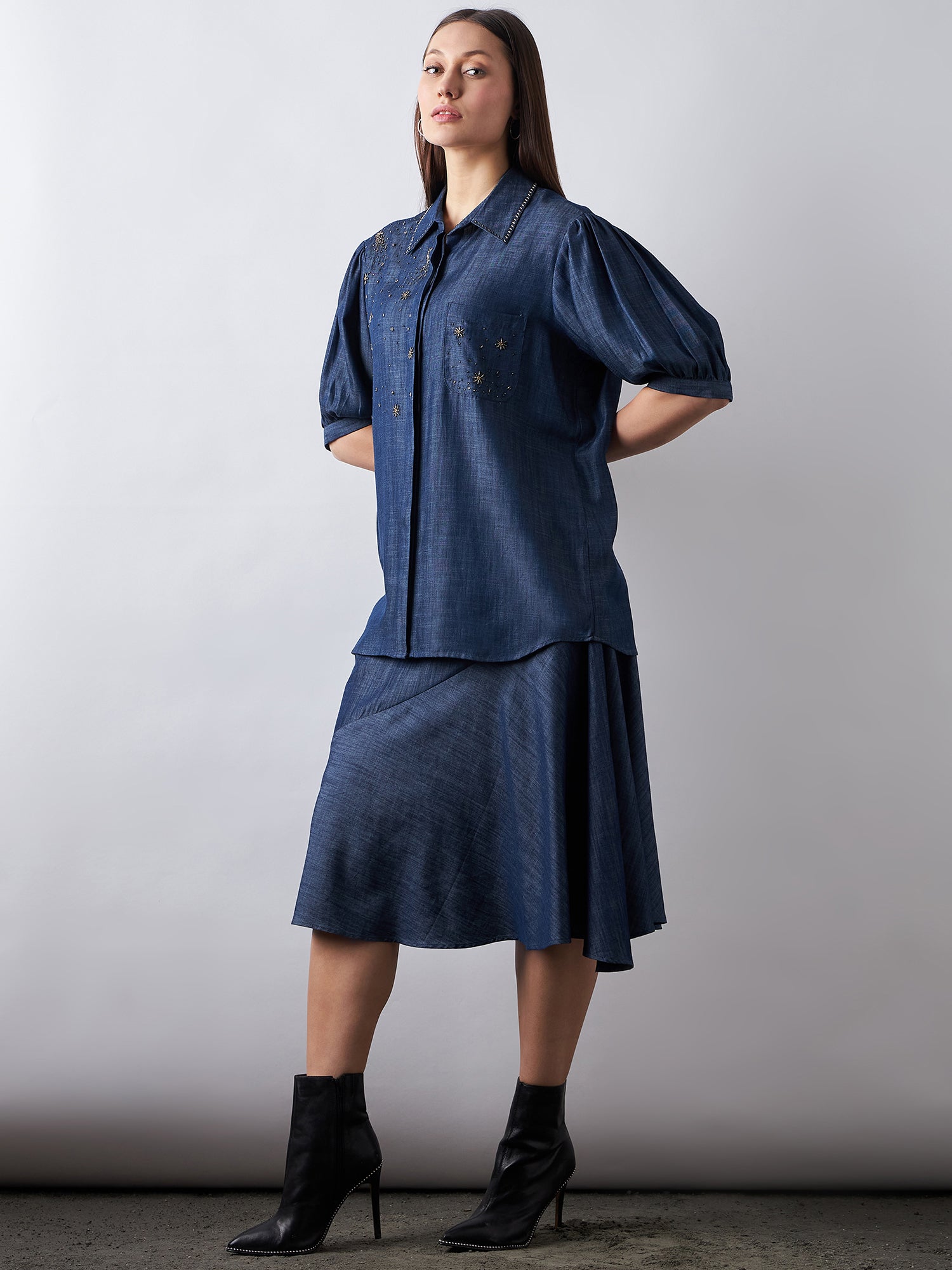 Dark Blue Denim Shirt & Skirt