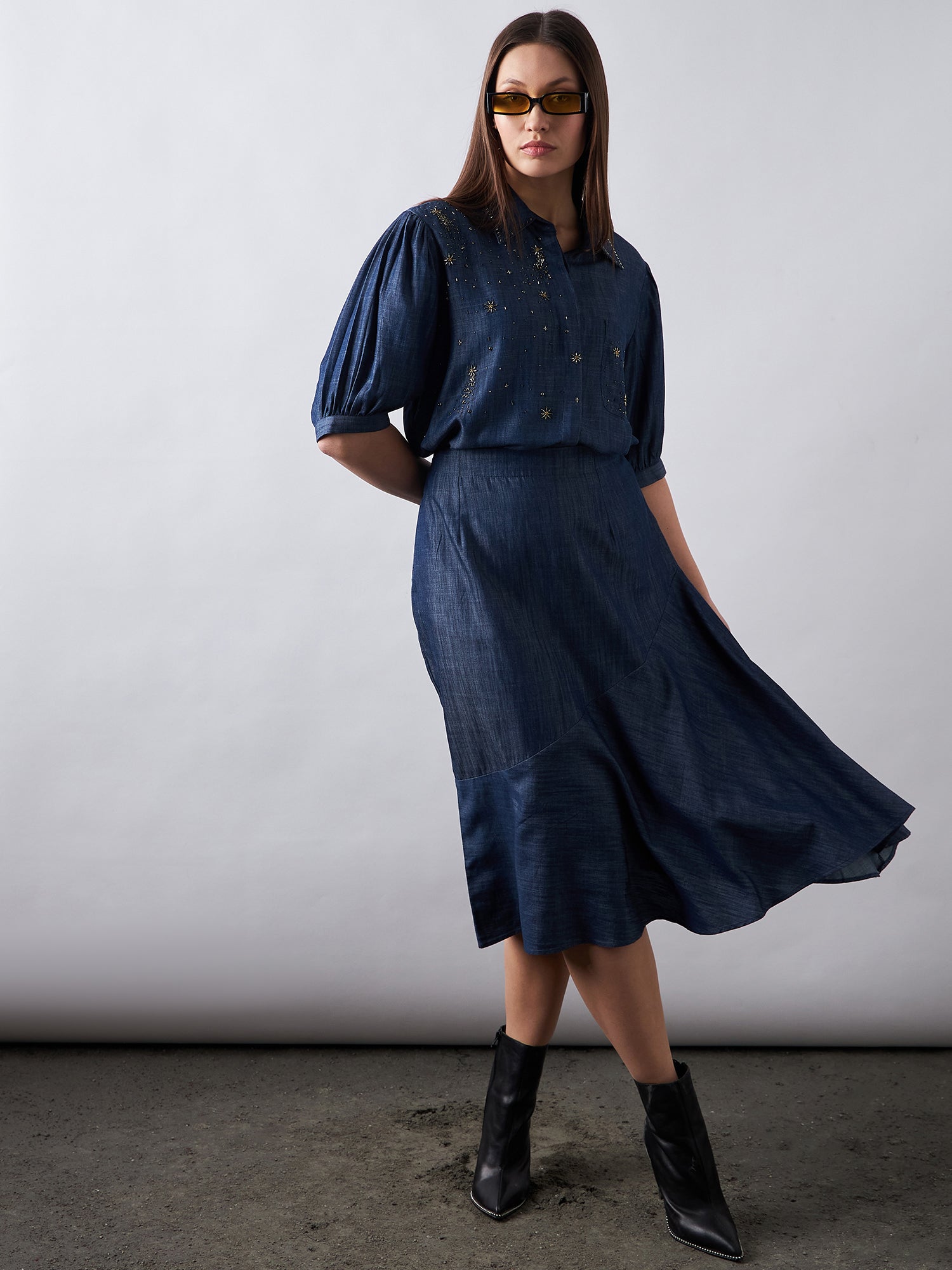 Dark Blue Denim Shirt & Skirt