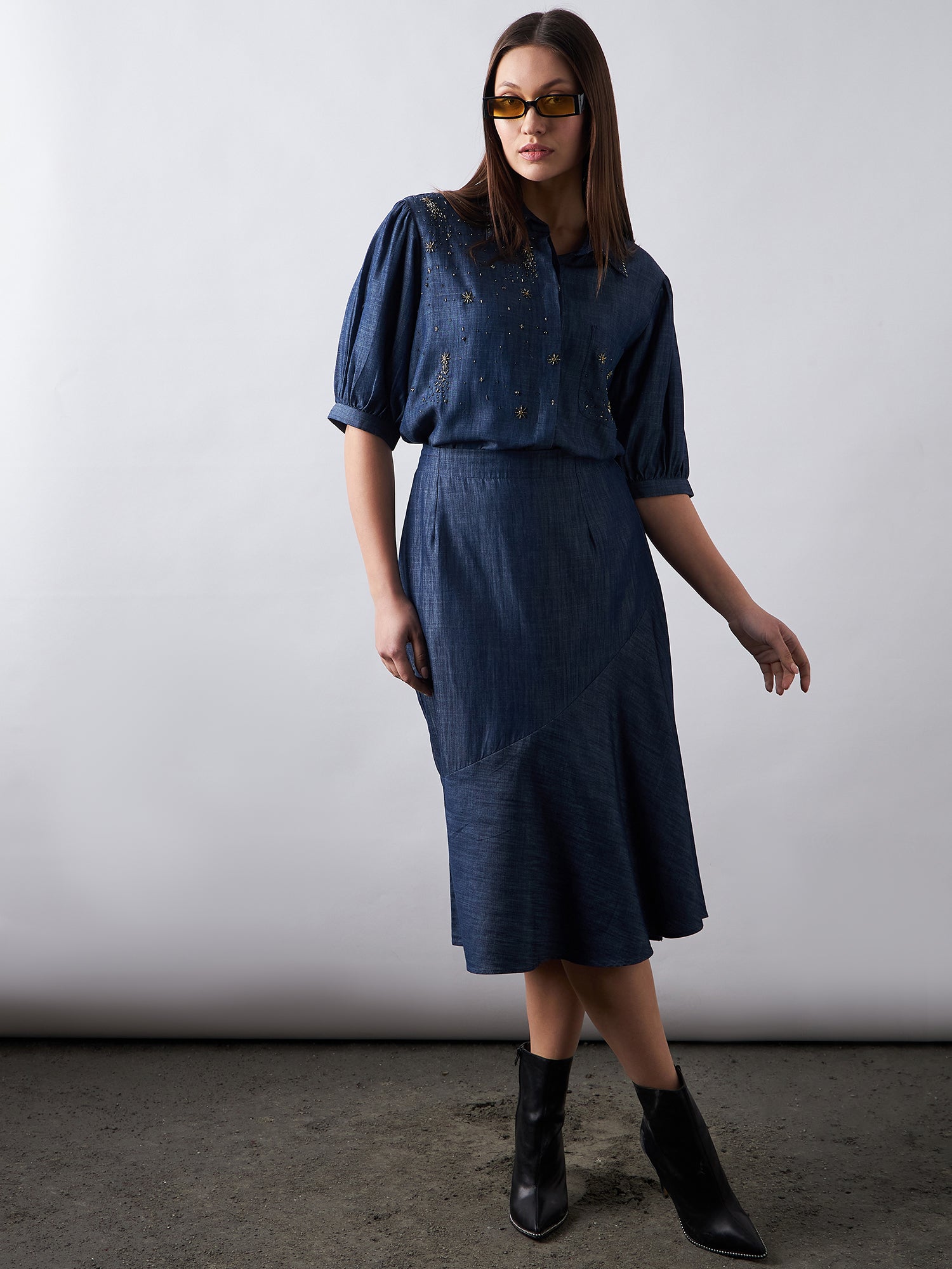 Dark Blue Denim Shirt & Skirt