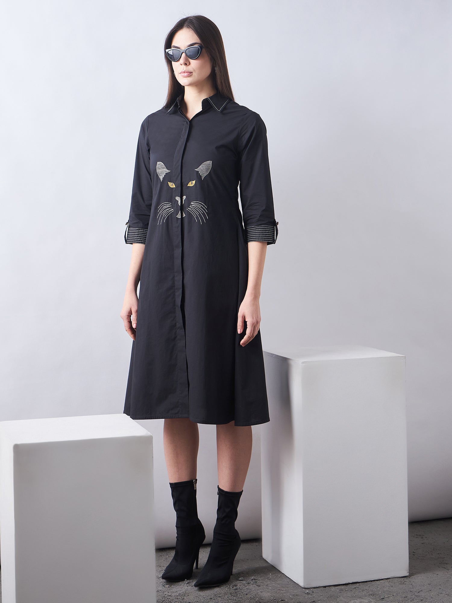 Black Poplin Shirt Dress