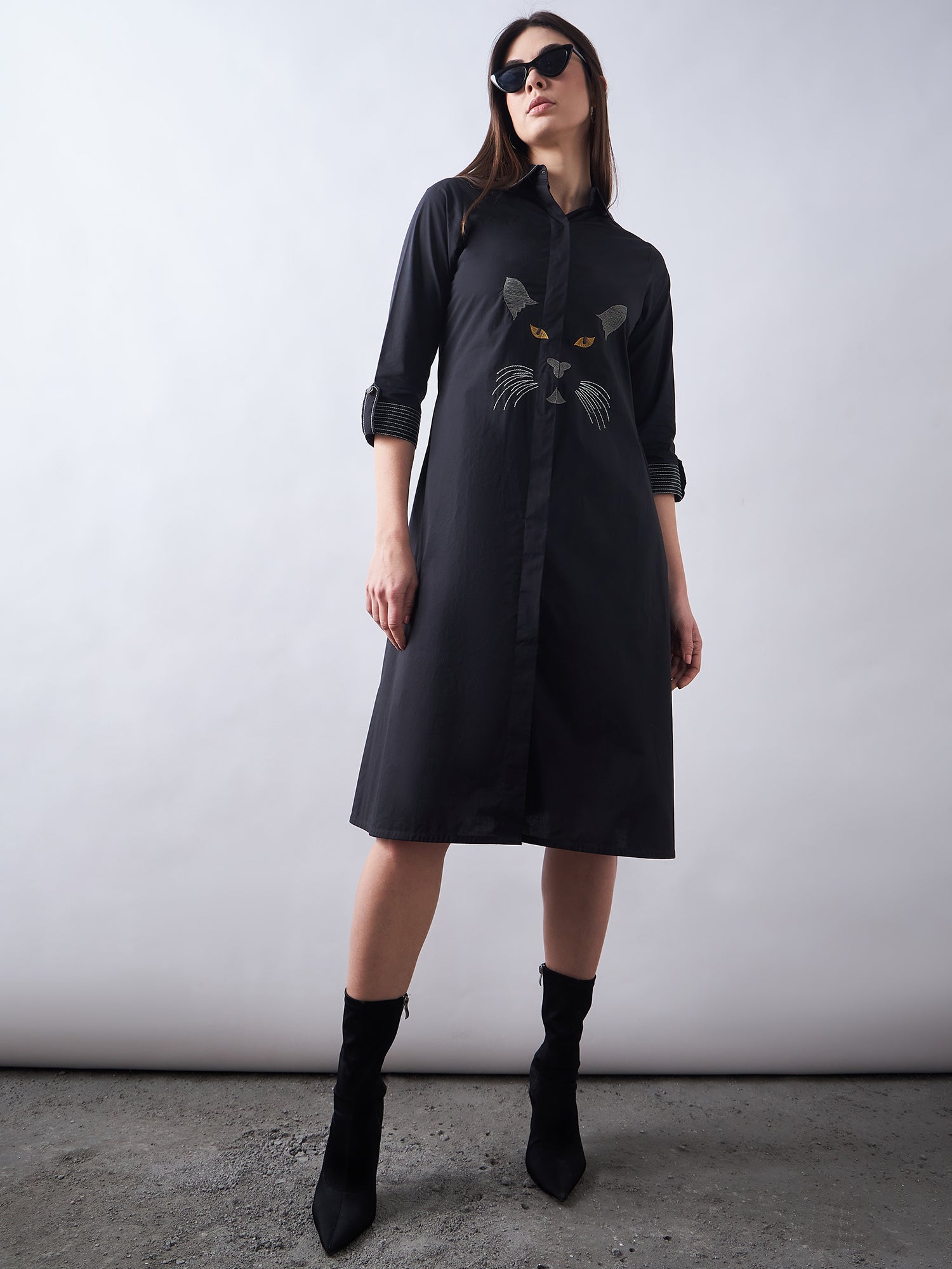 Black Poplin Shirt Dress