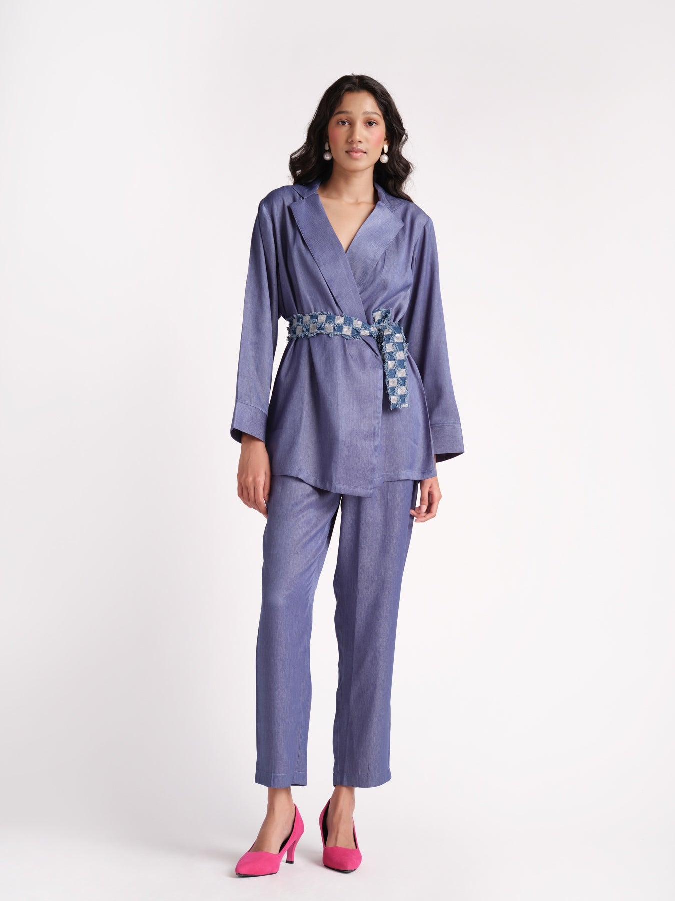 Blue shiny demin blazer set