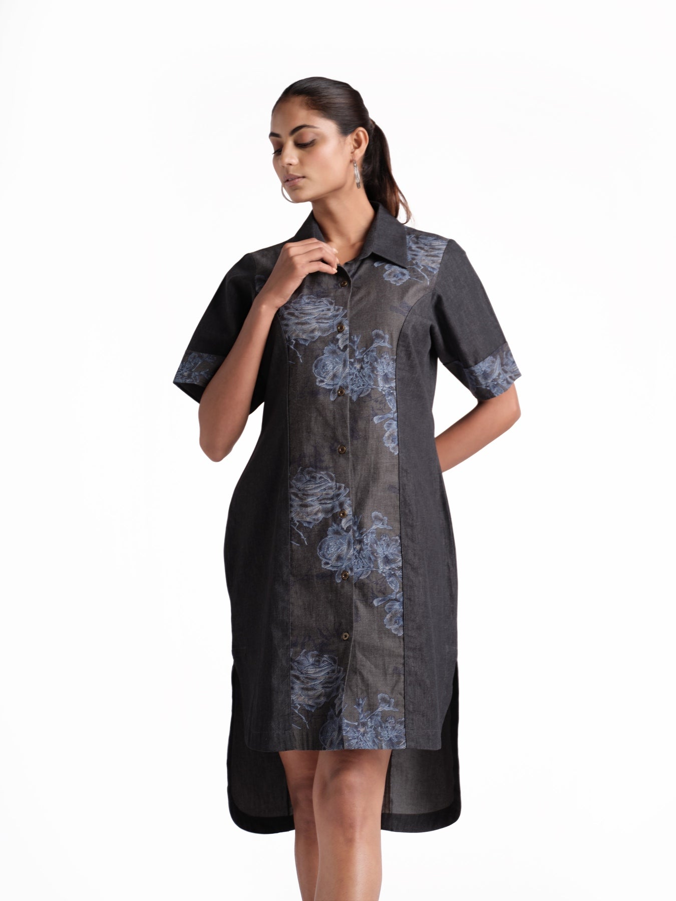 Black Mix & Match Print Denim Shirt Dress