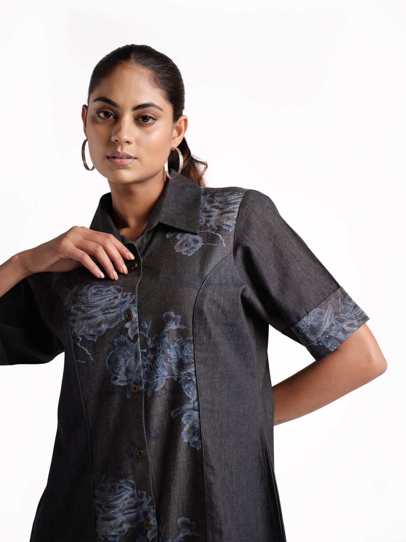 Black Mix & Match Print Denim Shirt Dress