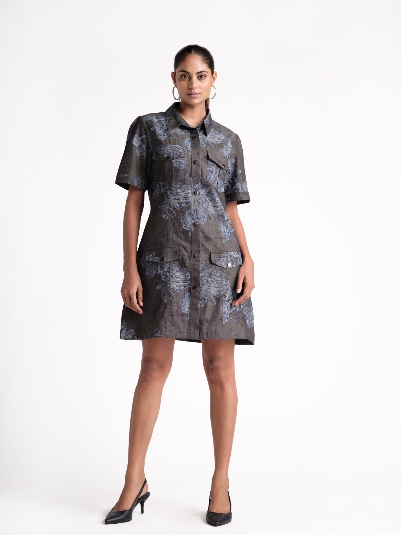 Black Print Denim Shirt Dress