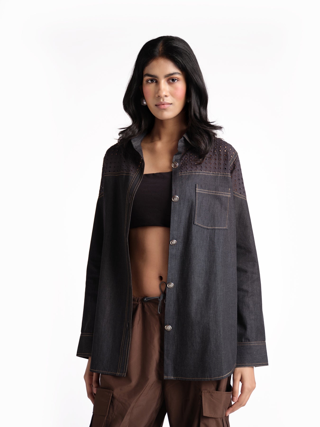 Black Schiffli Denim Shirt