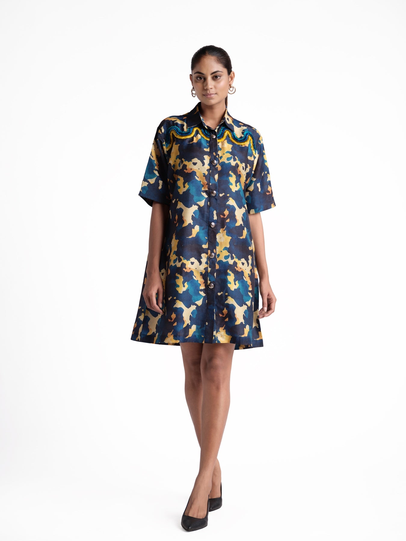 Blue print shirt dress
