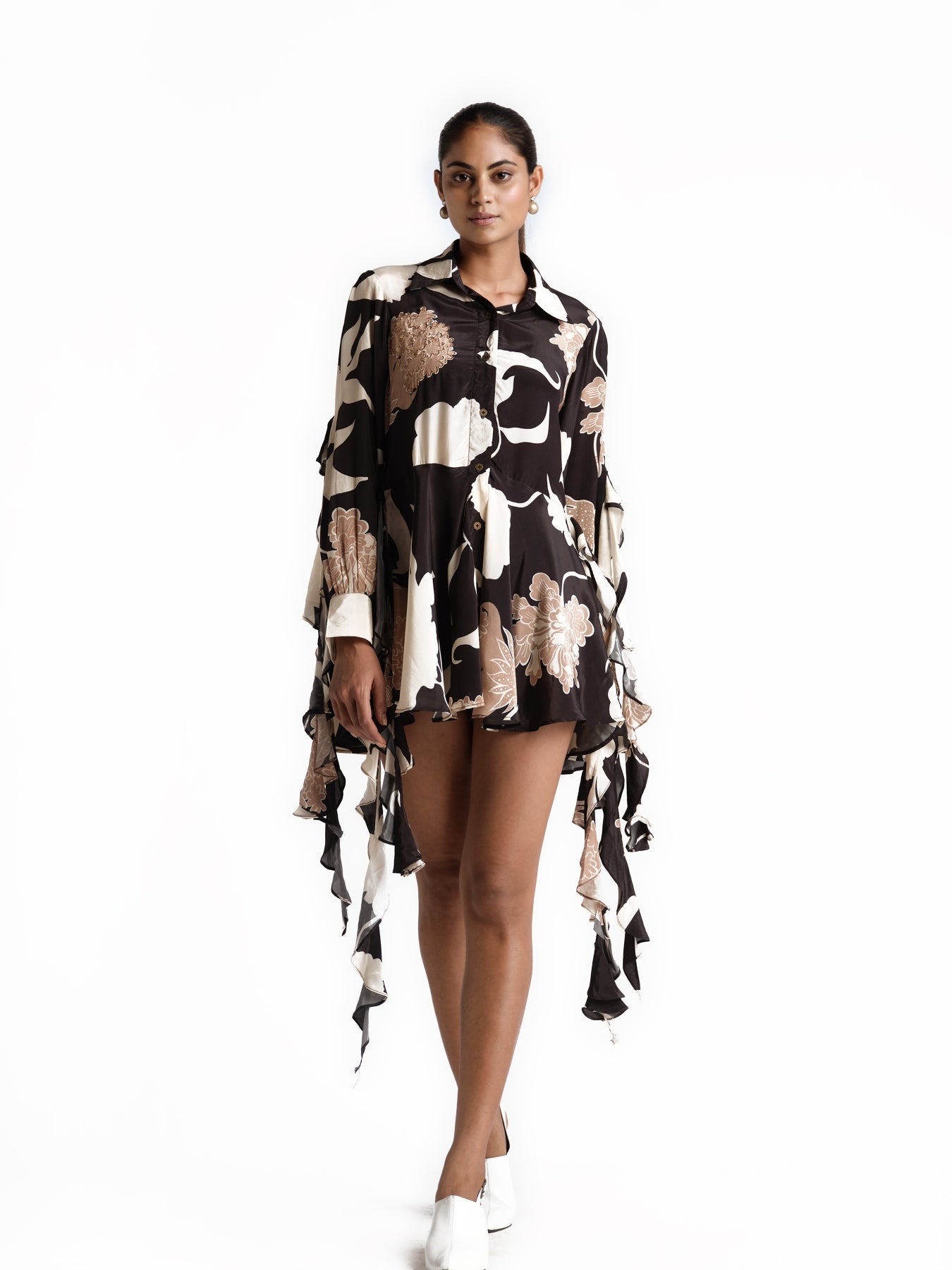 Black flower print shirt dress
