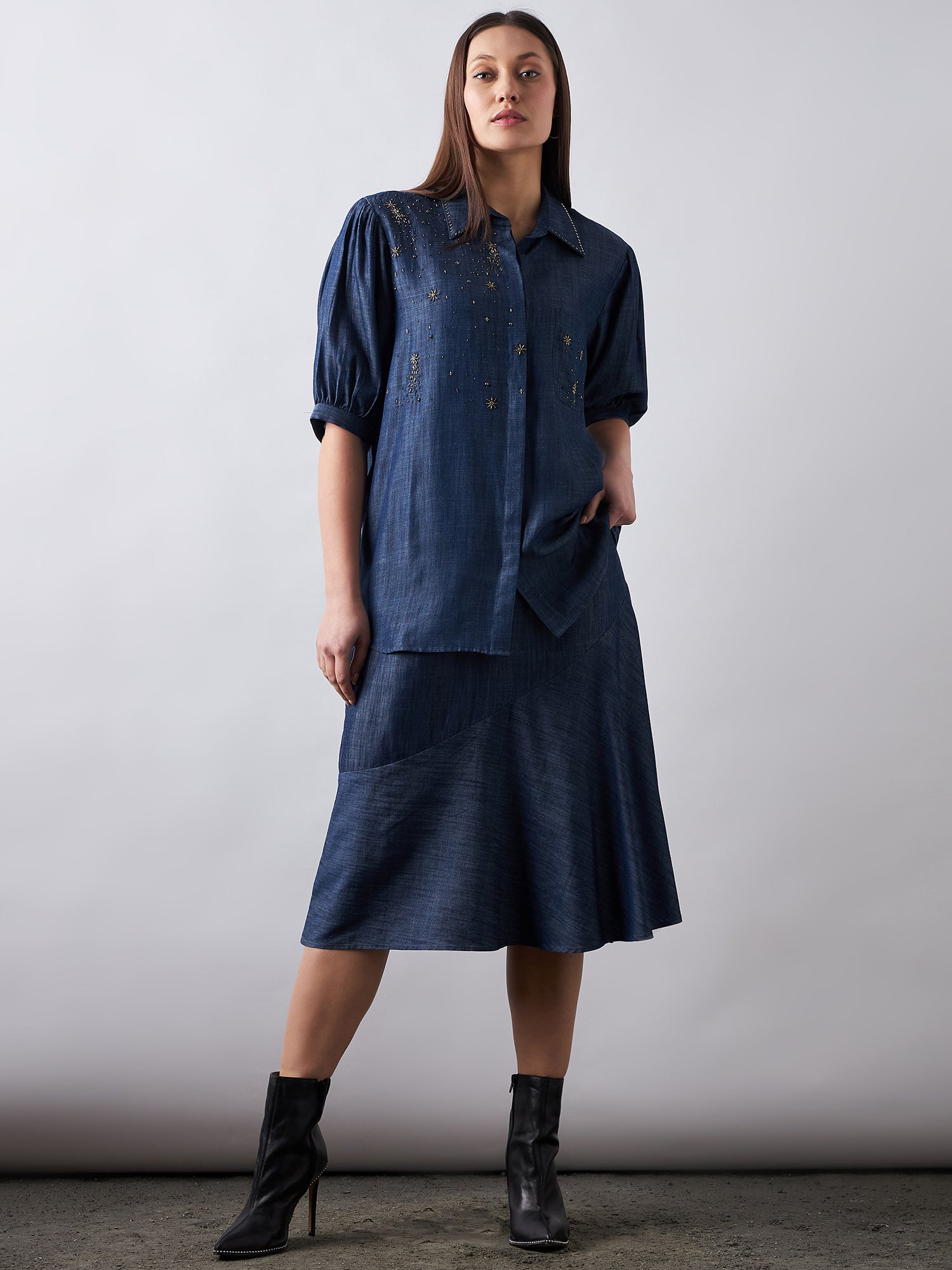 Dark Blue Denim Shirt & Skirt