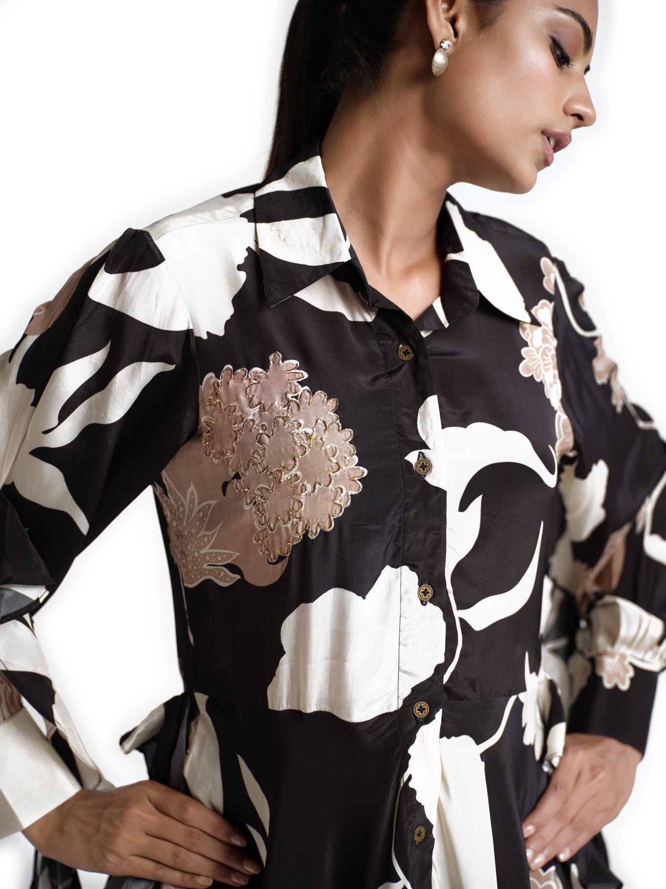 Black flower print shirt dress