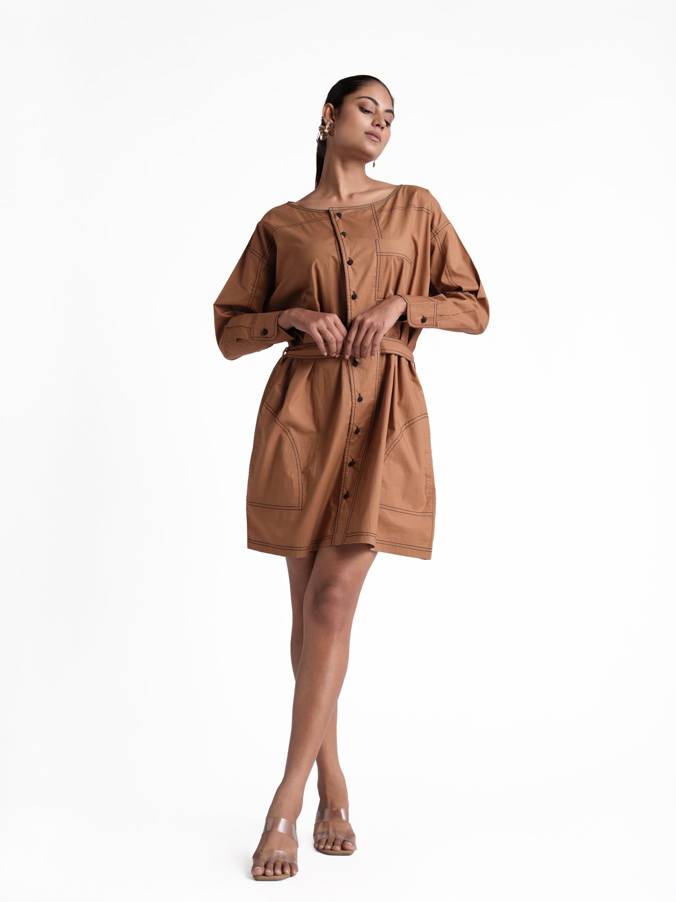 Brown poplin shirt dress