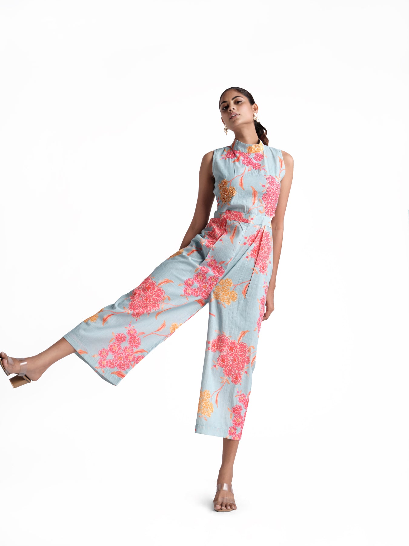 Sky blue flower print jumpsuit