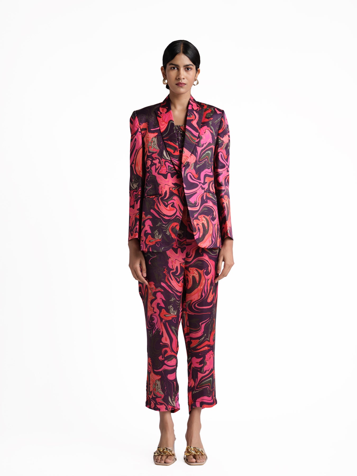 Pink wave print 3 pcs blazer set