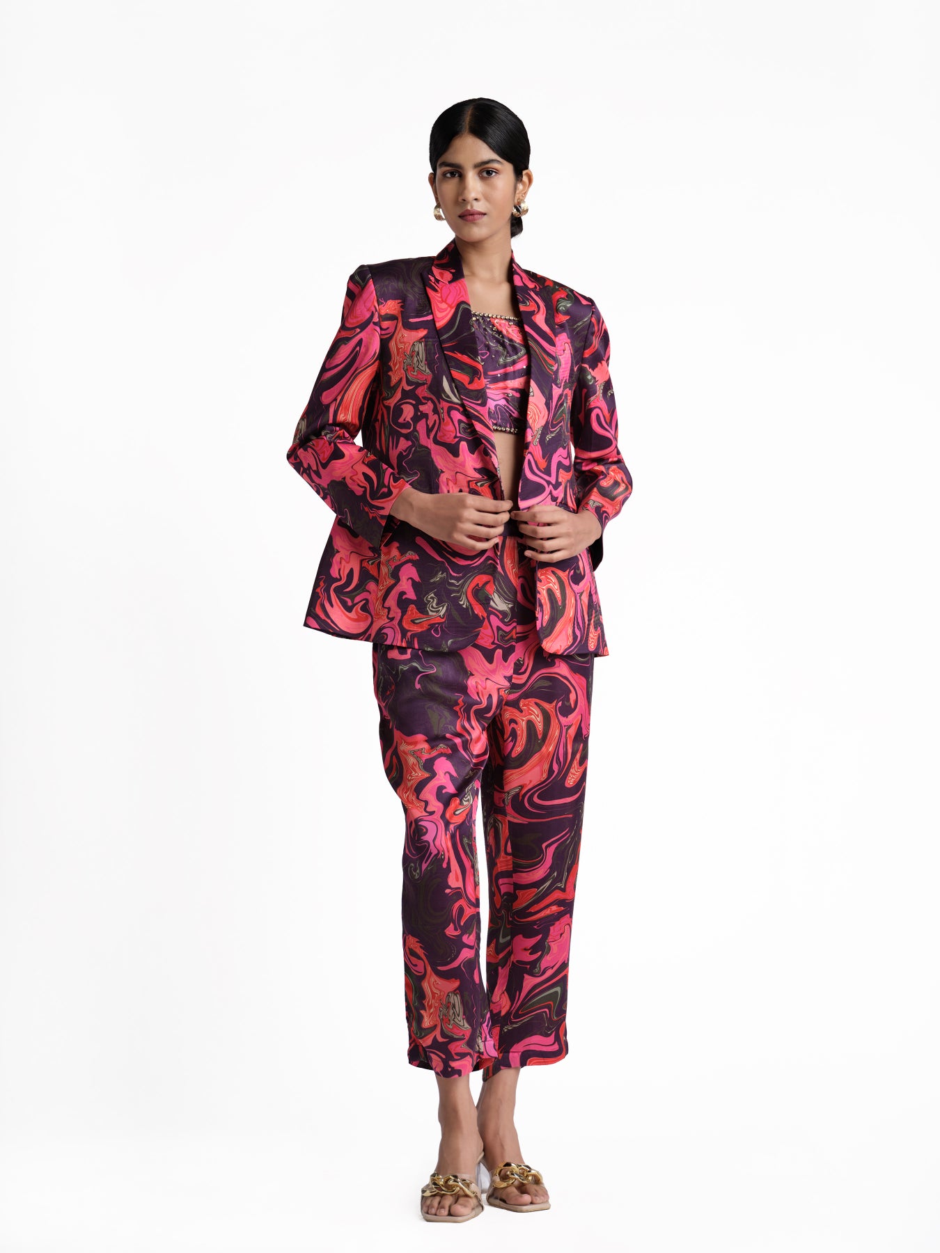 Pink wave print 3 pcs blazer set