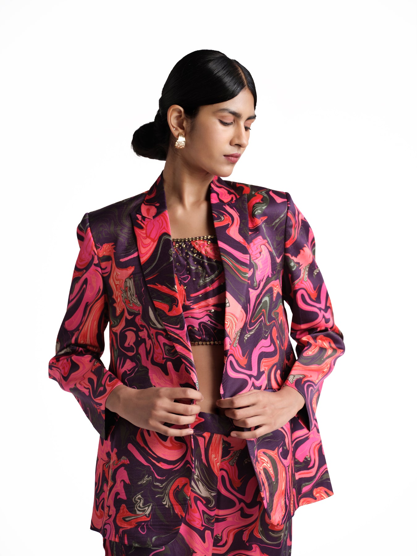 Pink wave print 3 pcs blazer set